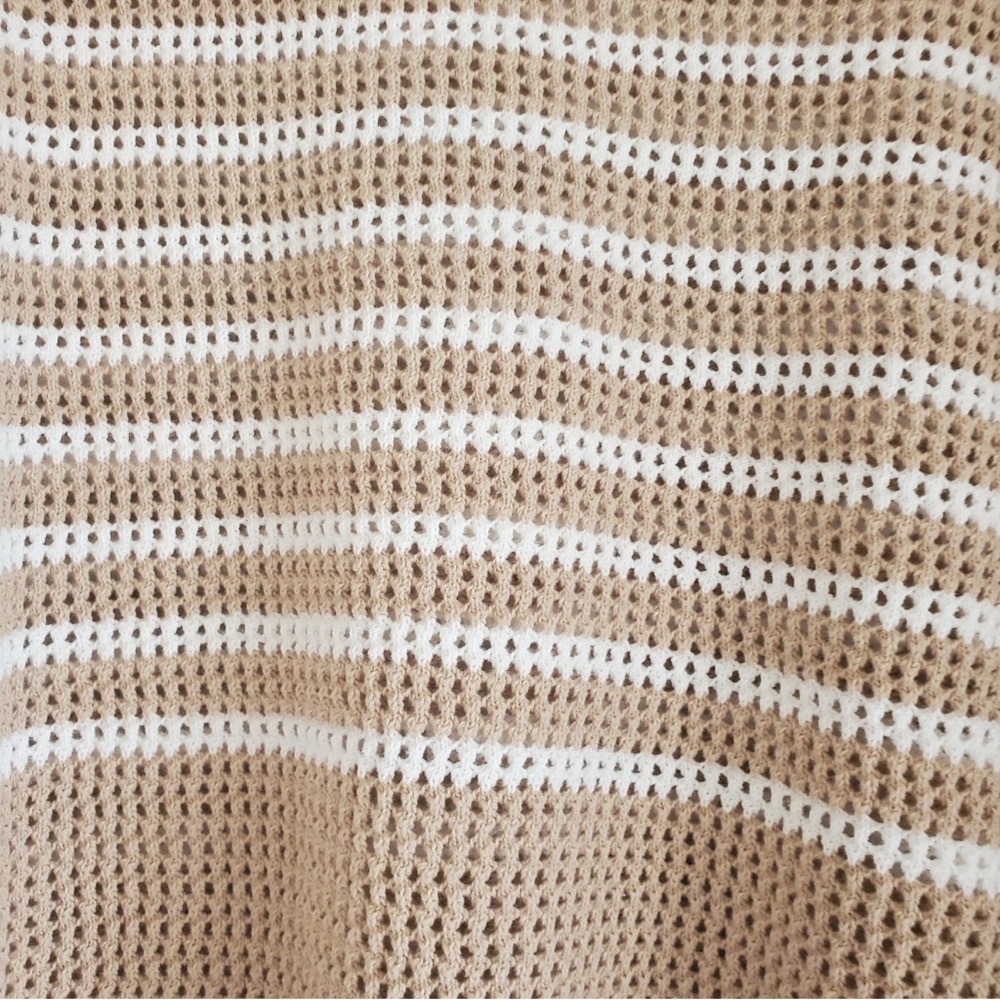 GAP Relaxed Cotton Tan and White Striped Crochet Collar V-Neck Sweater XL - Picture 7 of 8
